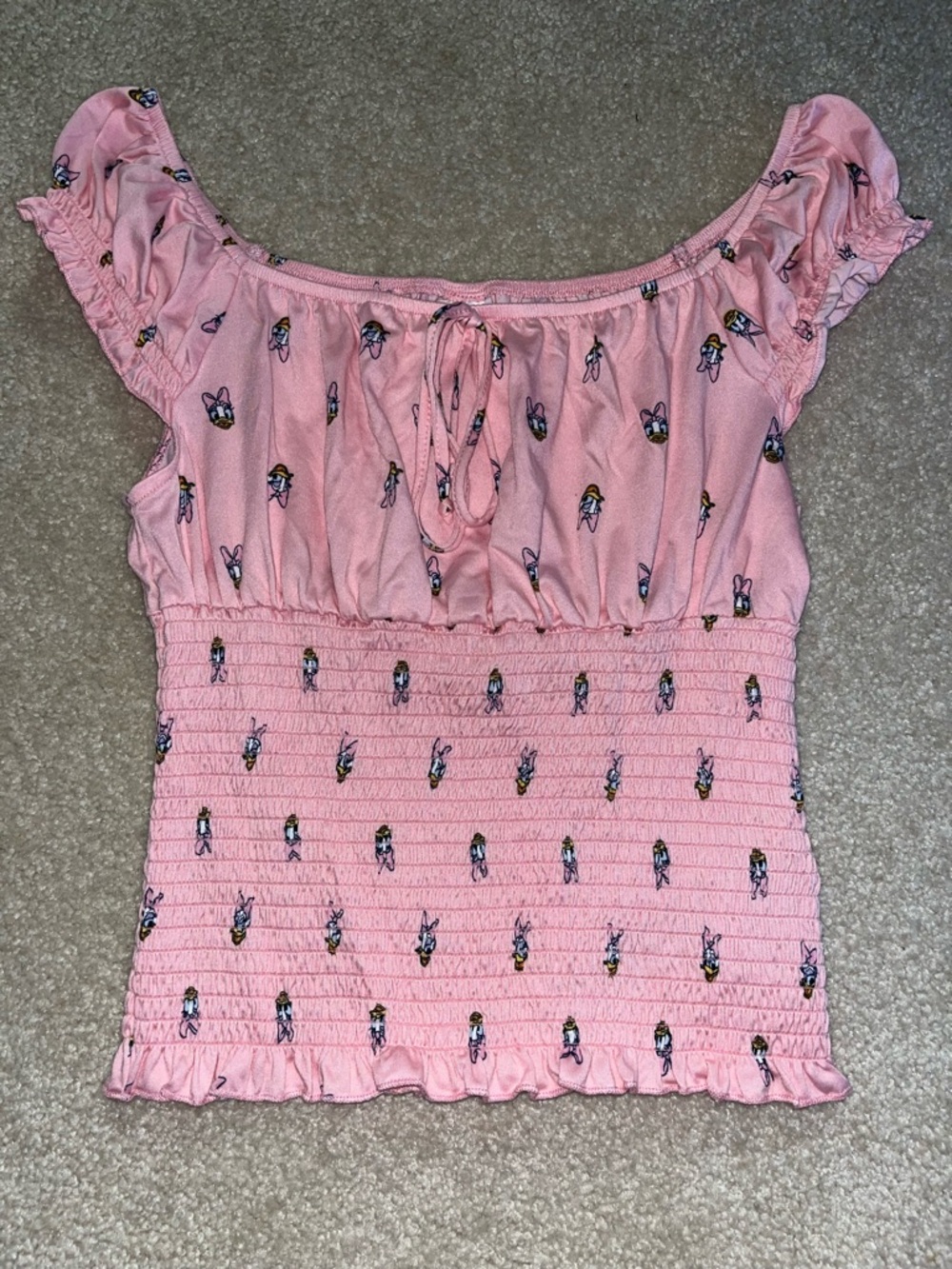 Daisy Duck Smocked Pink Off-Shoulder Crop Top with Tie Front
